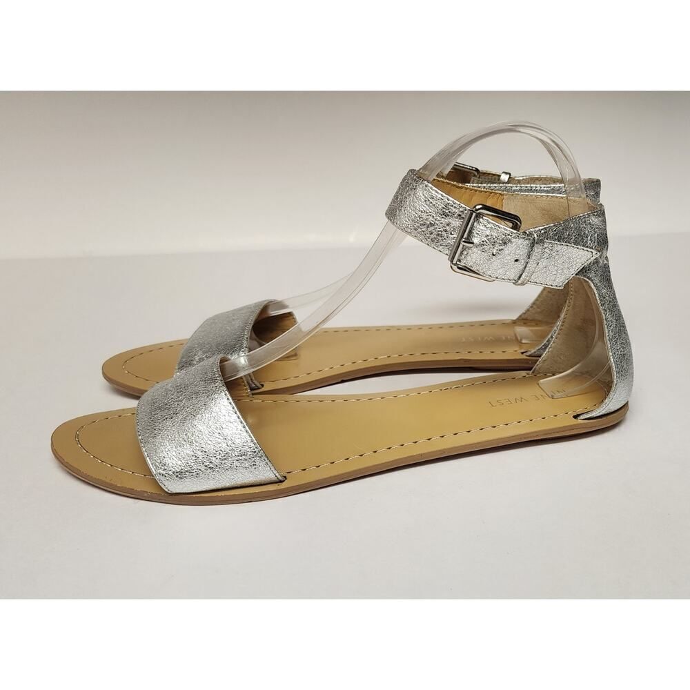 Nine West NWSOLITUDE Womens Leather Metallic Silver D'Orsay Flat Sandals Size 9M